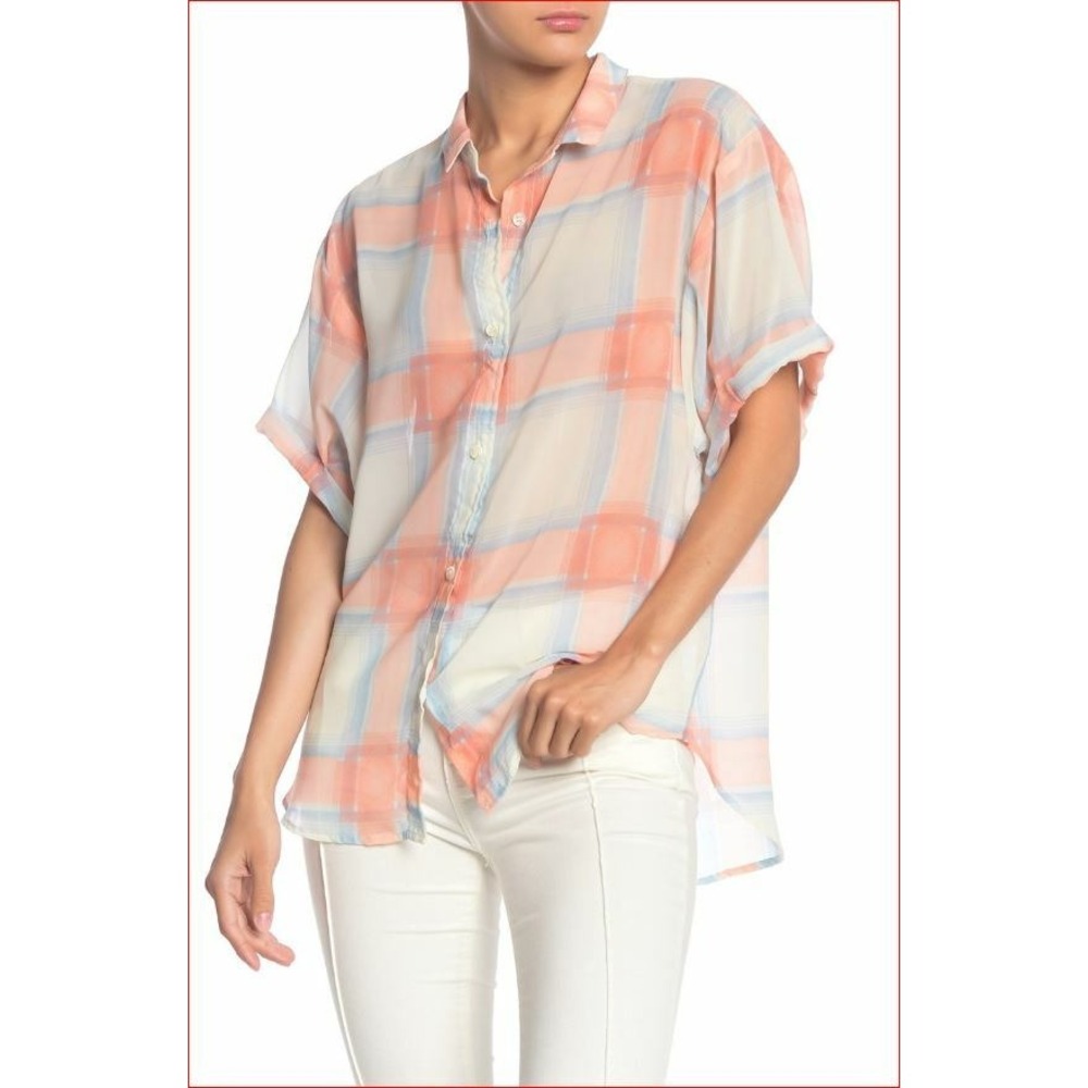 Splendid Womens RT0999X Plaid Button Up Shirt Orange White Blue Size S USA Made